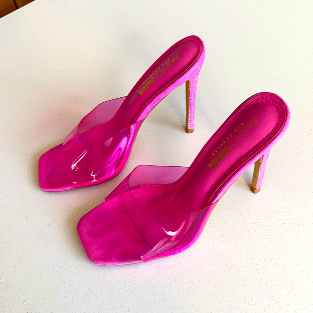 Barbie inspired pink rhinestone clear strap heels 6.5